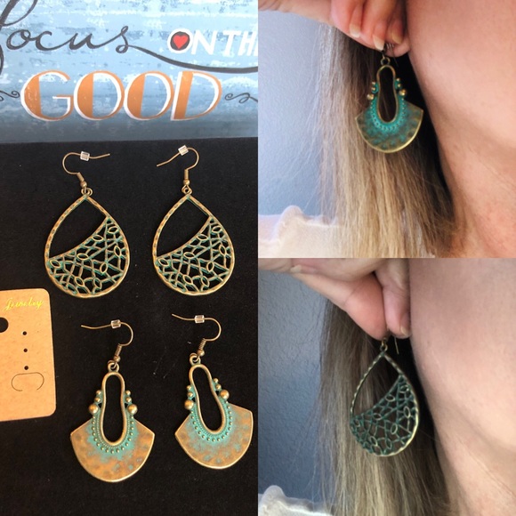 Jewelry - 2 pairs! Brass and Patina Earrings